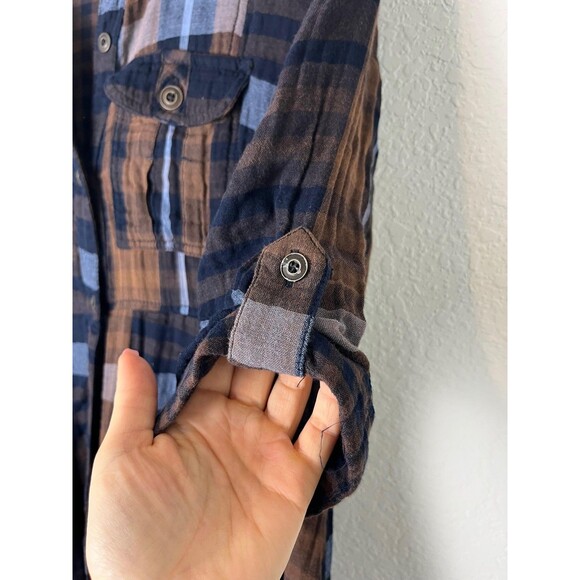 Chelsea & Theodore Shirt Dress Gauze Medium Plaid Button Front Pockets High Low - Picture 3 of 8
